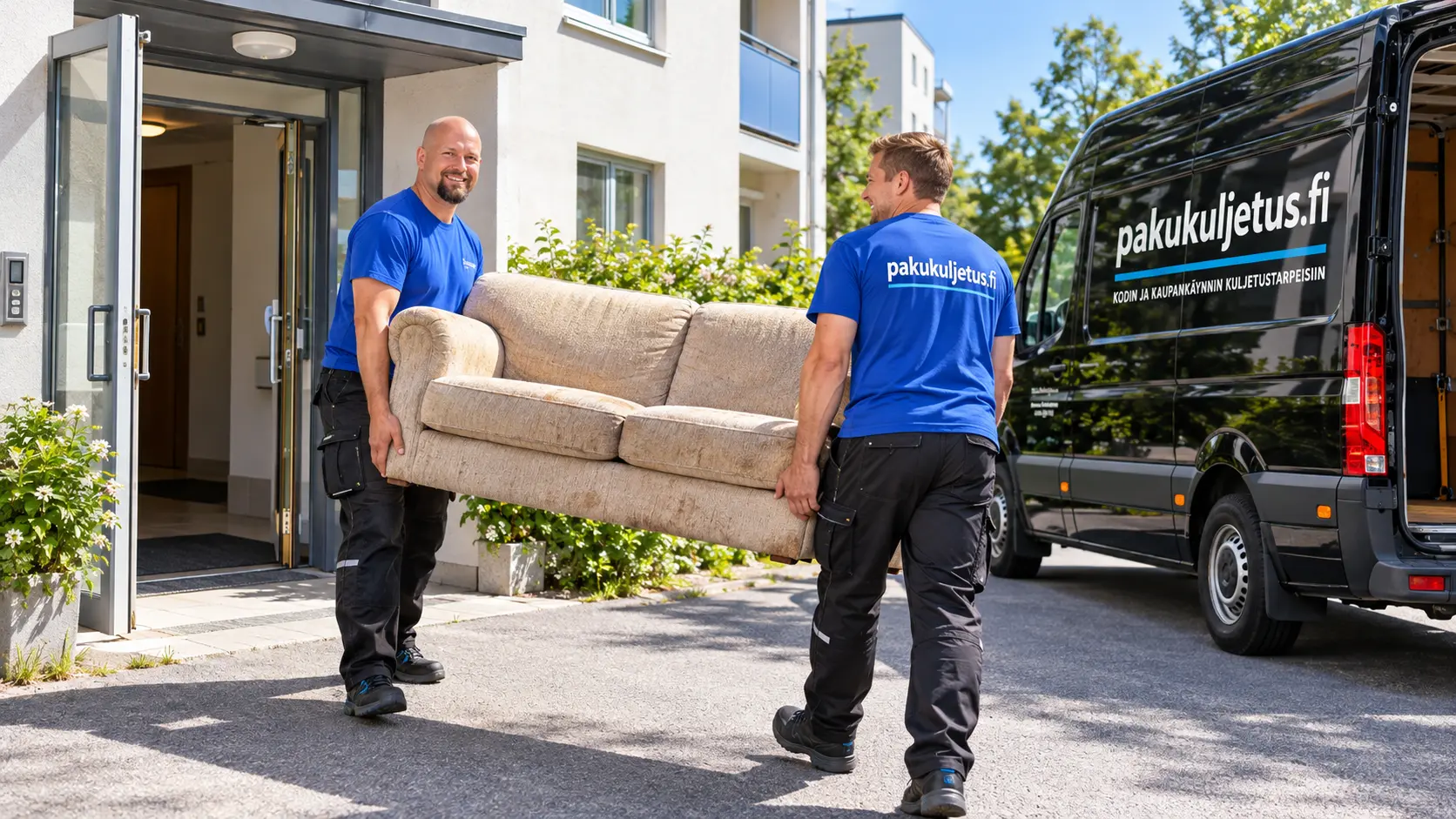 Noutopalvelu: kaksi kantajaa ja Pakukuljetuksen musta pakettiauto