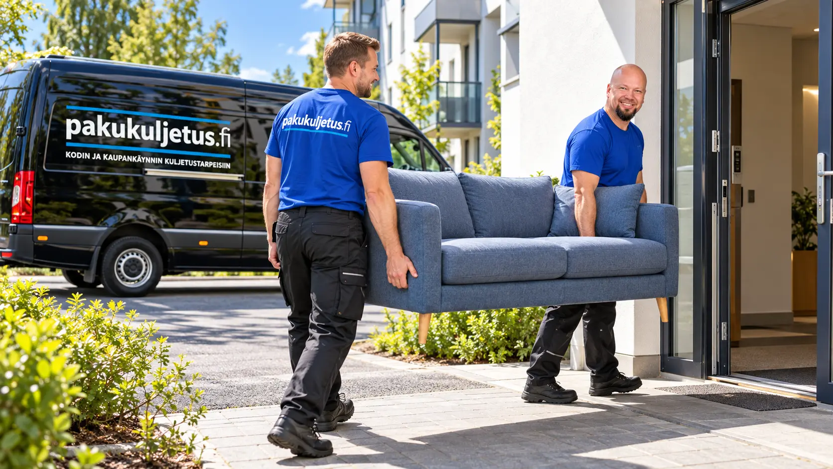 Kuljetuspalvelu: kaksi kantajaa ja Pakukuljetuksen musta pakettiauto