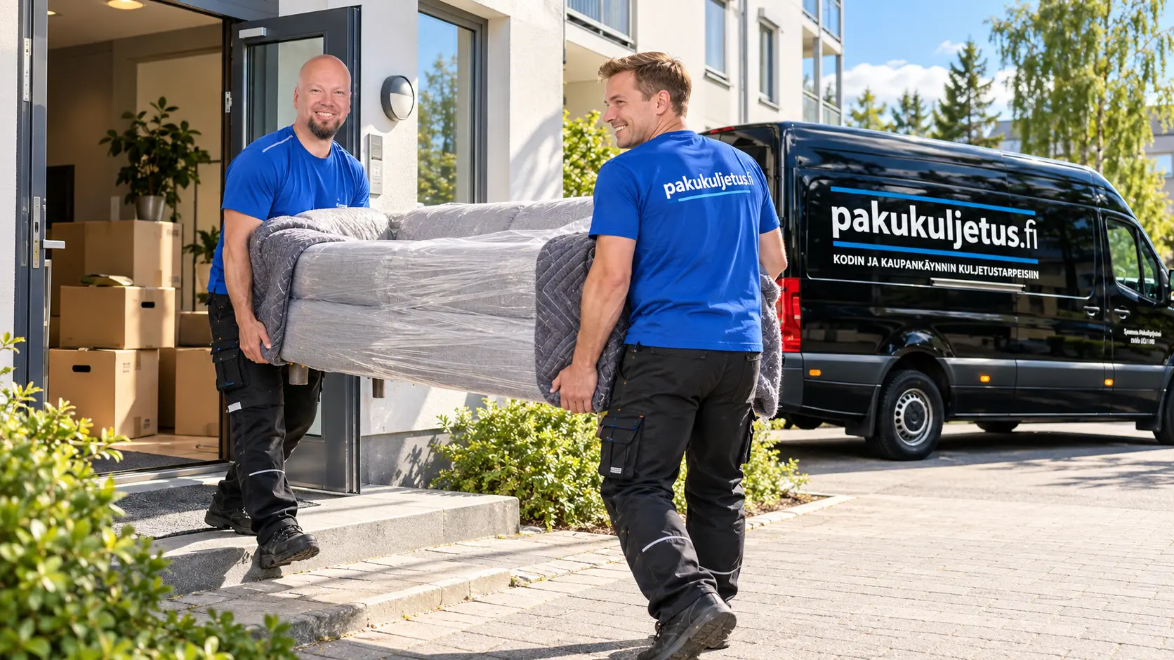 Muuttopalvelu: kaksi kantajaa ja Pakukuljetuksen musta pakettiauto